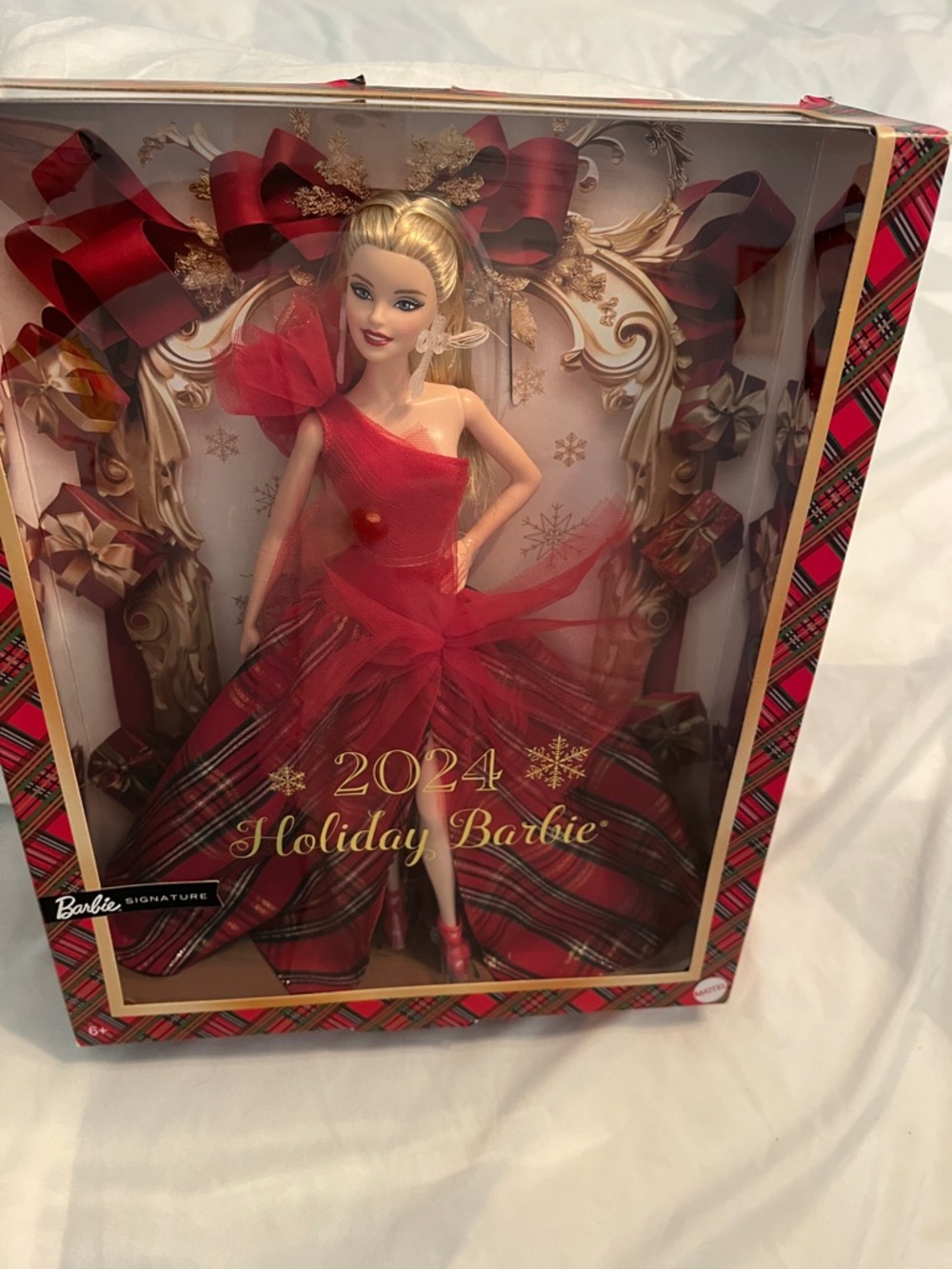 Mattel Blonde Barbie Signature 2024 Holiday Doll in Red Plaid Gown